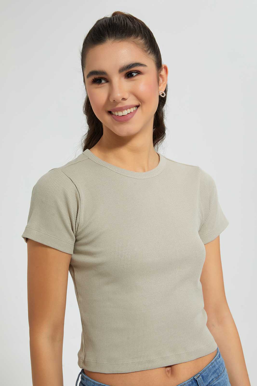 Olive Ribbed Crop T-Shirt