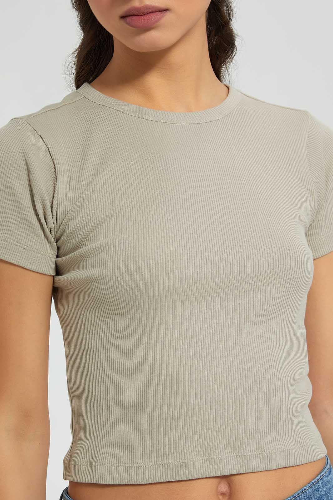 Olive Ribbed Crop T-Shirt