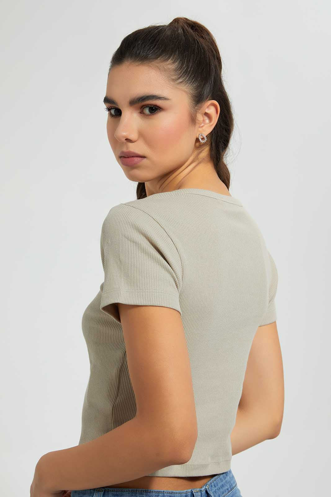 Olive Ribbed Crop T-Shirt