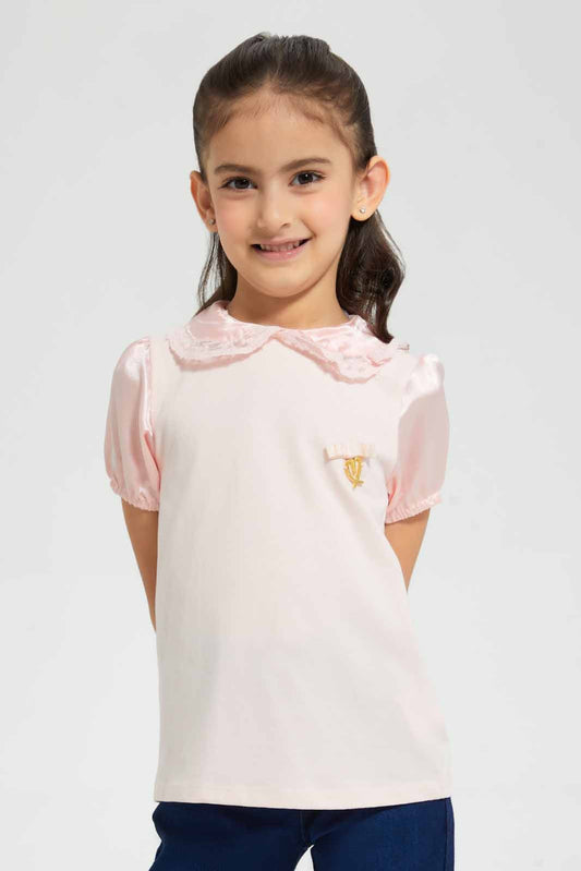 Redtag-Pink-T-Shirt-With-Lace-Collar-Embellished-T-Shirts-Girls-2 to 8 Years