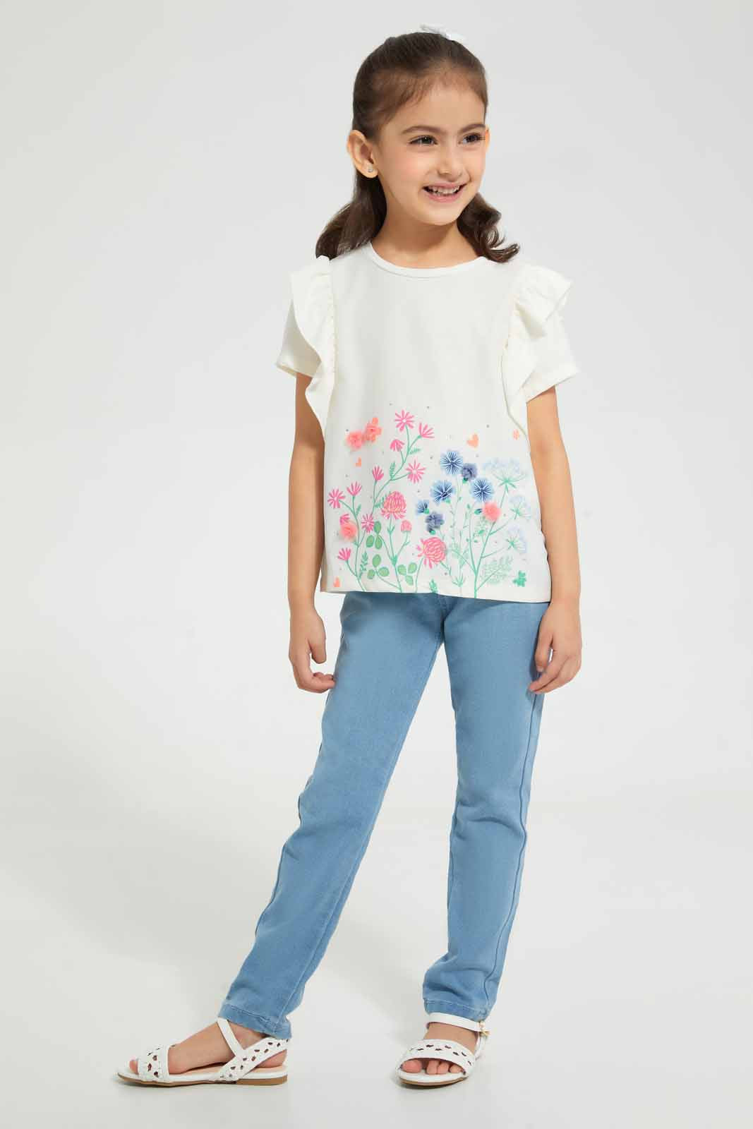 Redtag-Jersey-Top-With-Placement-Print-&-Frill-Graphic-T-Shirts-Girls-2 to 8 Years