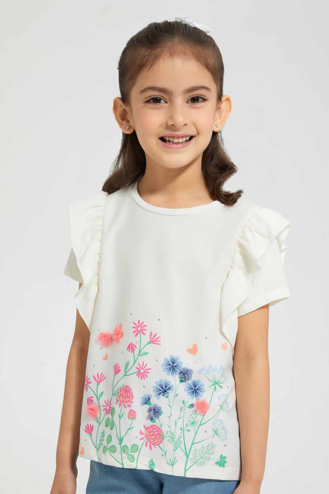 Redtag-Jersey-Top-With-Placement-Print-&-Frill-Graphic-T-Shirts-Girls-2 to 8 Years