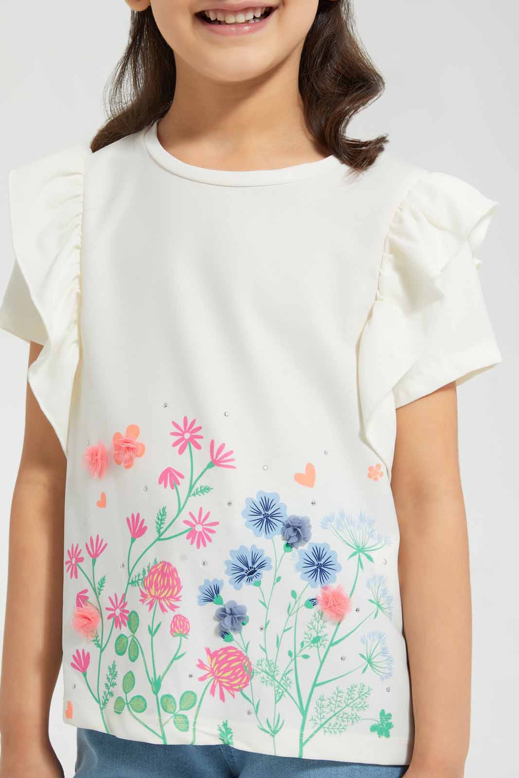 Redtag-Jersey-Top-With-Placement-Print-&-Frill-Graphic-T-Shirts-Girls-2 to 8 Years