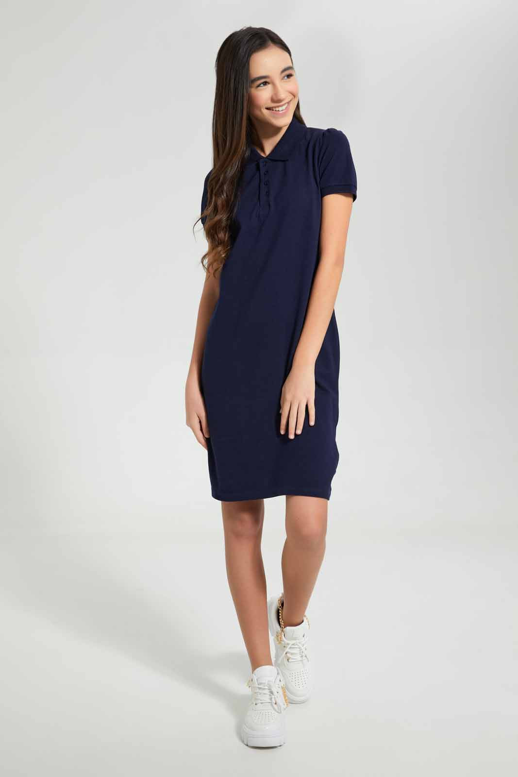 Redtag-Navy-Polo-Pique-Collared-Dress-Dresses-Senior-Girls-9 to 14 Years