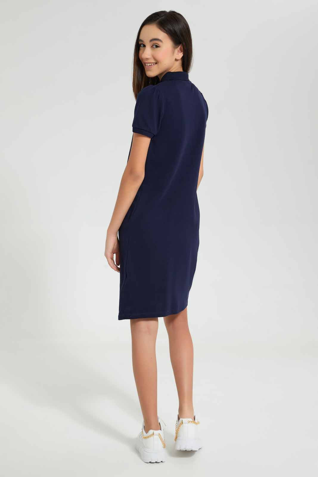 Redtag-Navy-Polo-Pique-Collared-Dress-Dresses-Senior-Girls-9 to 14 Years