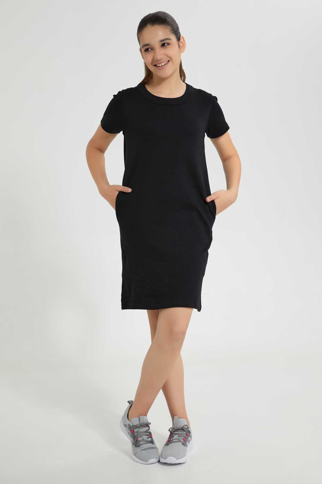 Redtag-Black-Basic-Knitted-Dress-Dresses-Senior-Girls-9 to 14 Years