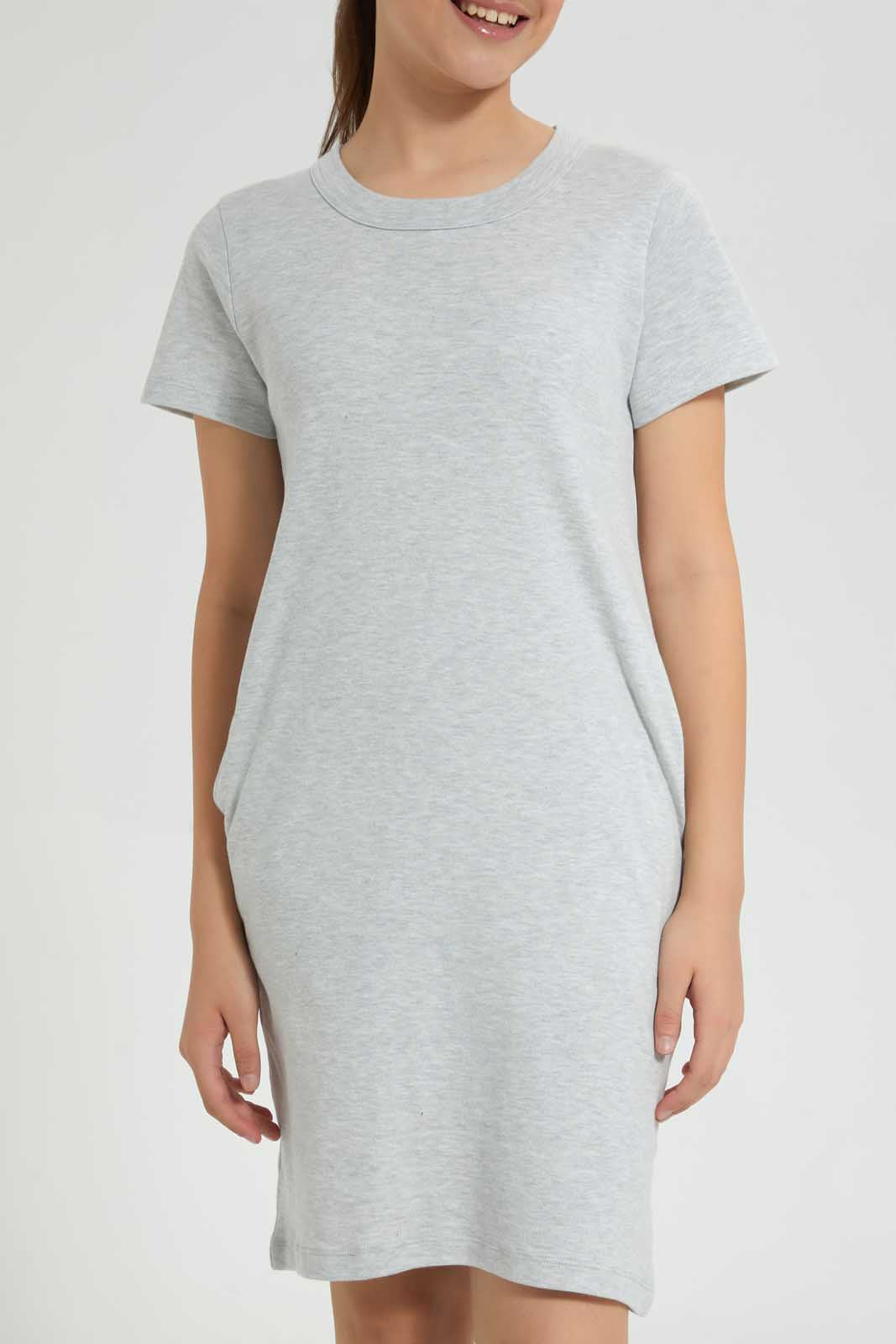 Redtag-Grey-Melange-Basic-Knitted-Dress-Dresses-Senior-Girls-9 to 14 Years