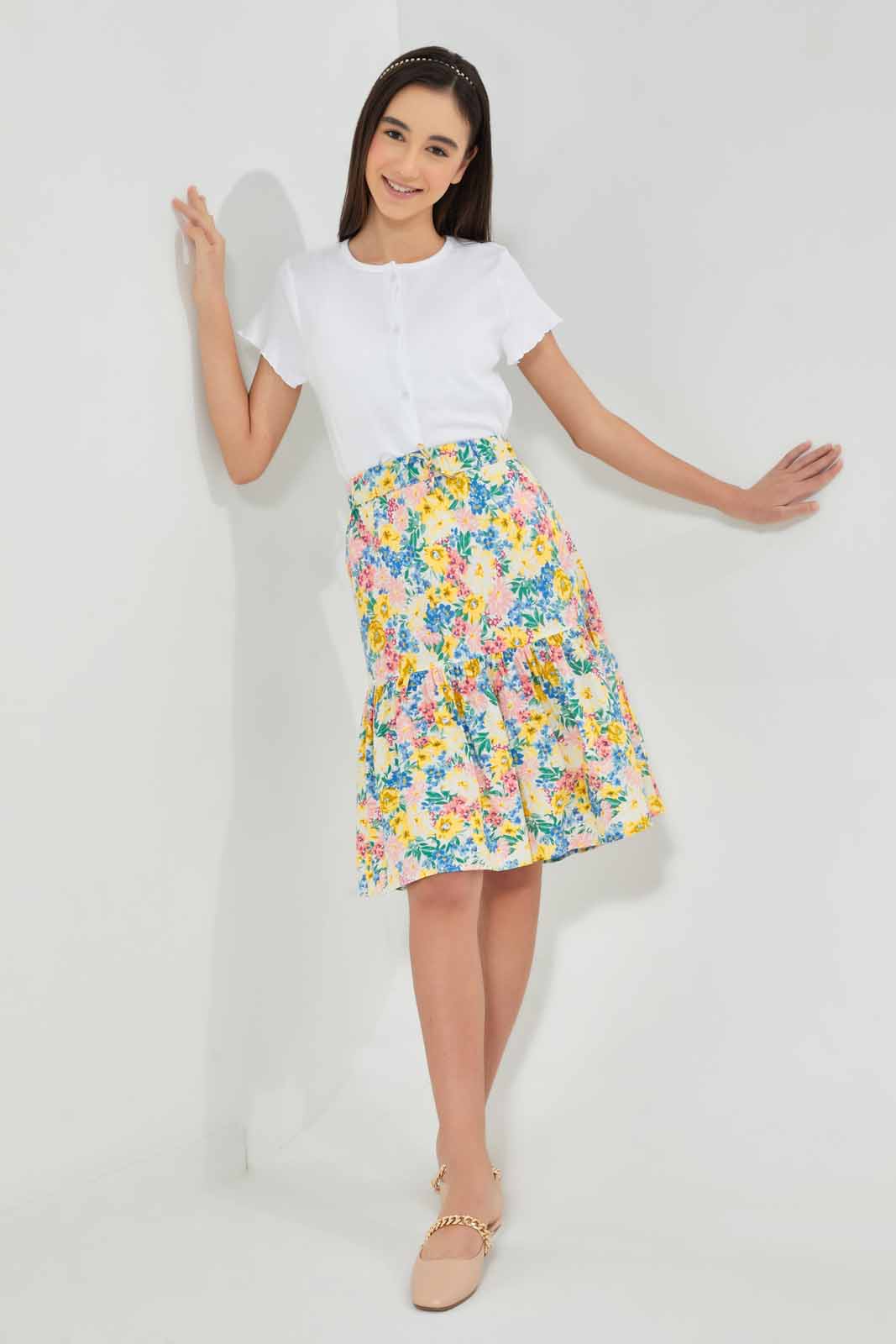 Redtag-Assorted-Yellow-Floral-Longer-Length--Tiered-Skirts-Skirts-Senior-Girls-9 to 14 Years