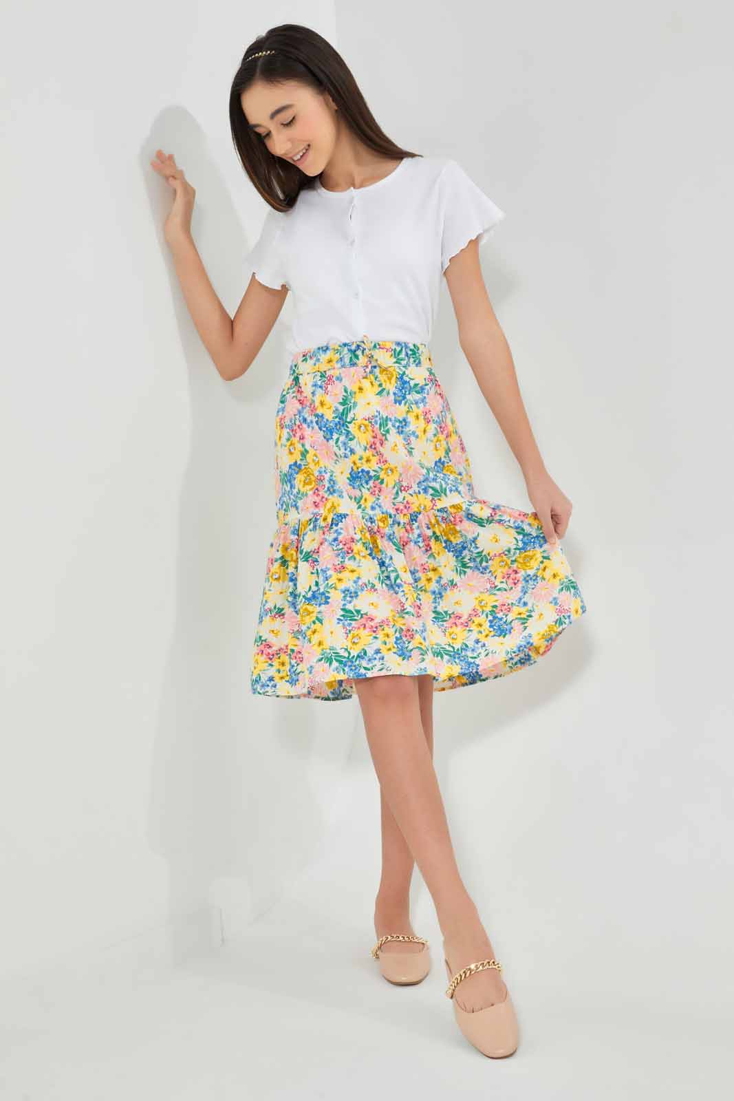 Redtag-Assorted-Yellow-Floral-Longer-Length--Tiered-Skirts-Skirts-Senior-Girls-9 to 14 Years