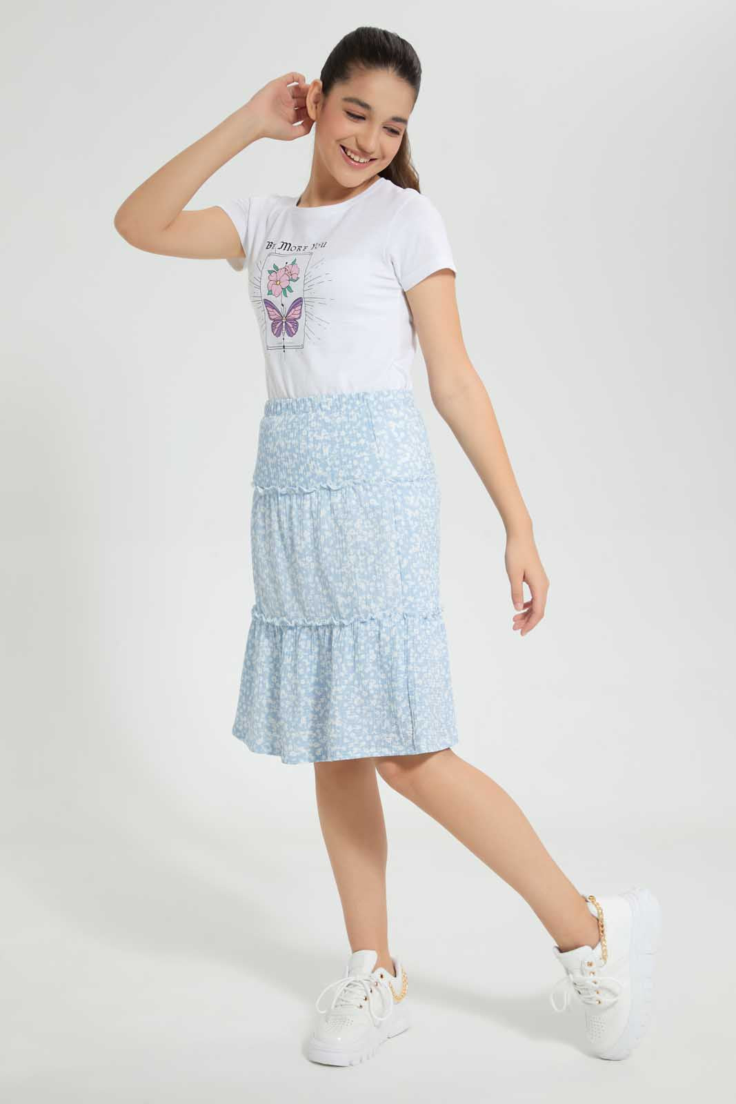 Redtag-Lt-Blue-Floral-Tiered-Skirt-Skirts-Senior-Girls-9 to 14 Years