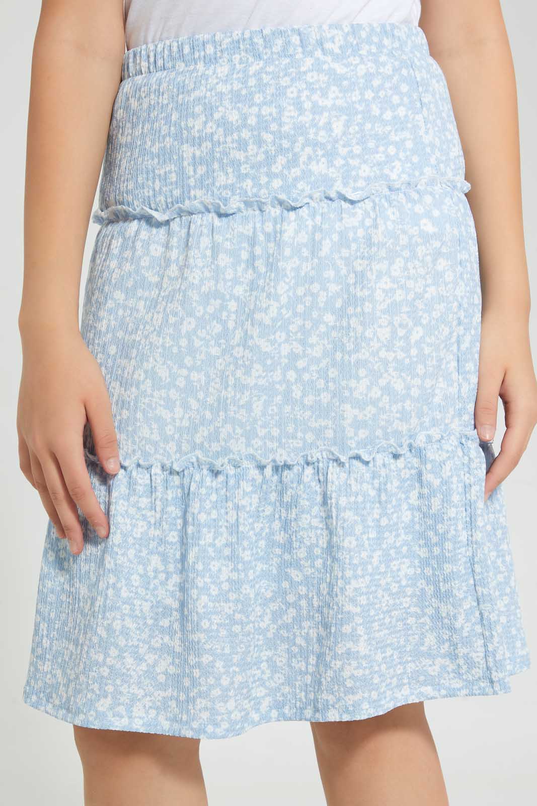 Redtag-Lt-Blue-Floral-Tiered-Skirt-Skirts-Senior-Girls-9 to 14 Years