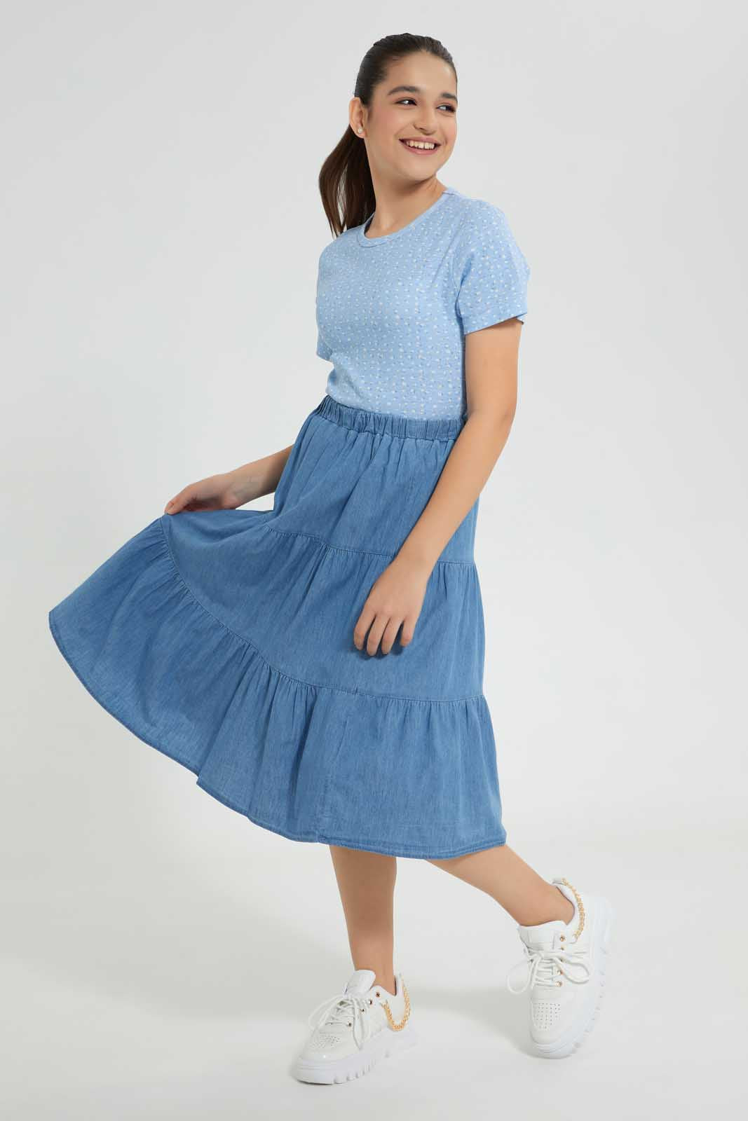 Redtag-Denim-Blue-Tiered-Skirt-Skirts-Senior-Girls-9 to 14 Years