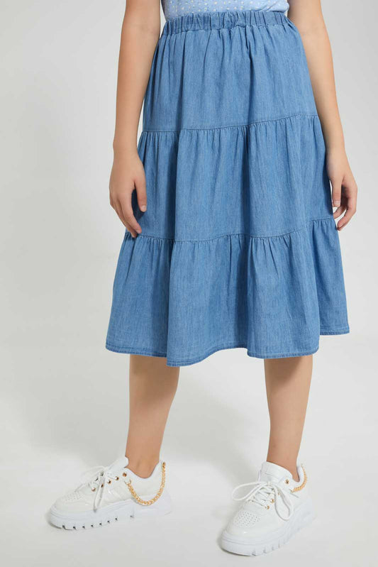 Redtag-Denim-Blue-Tiered-Skirt-Skirts-Senior-Girls-9 to 14 Years
