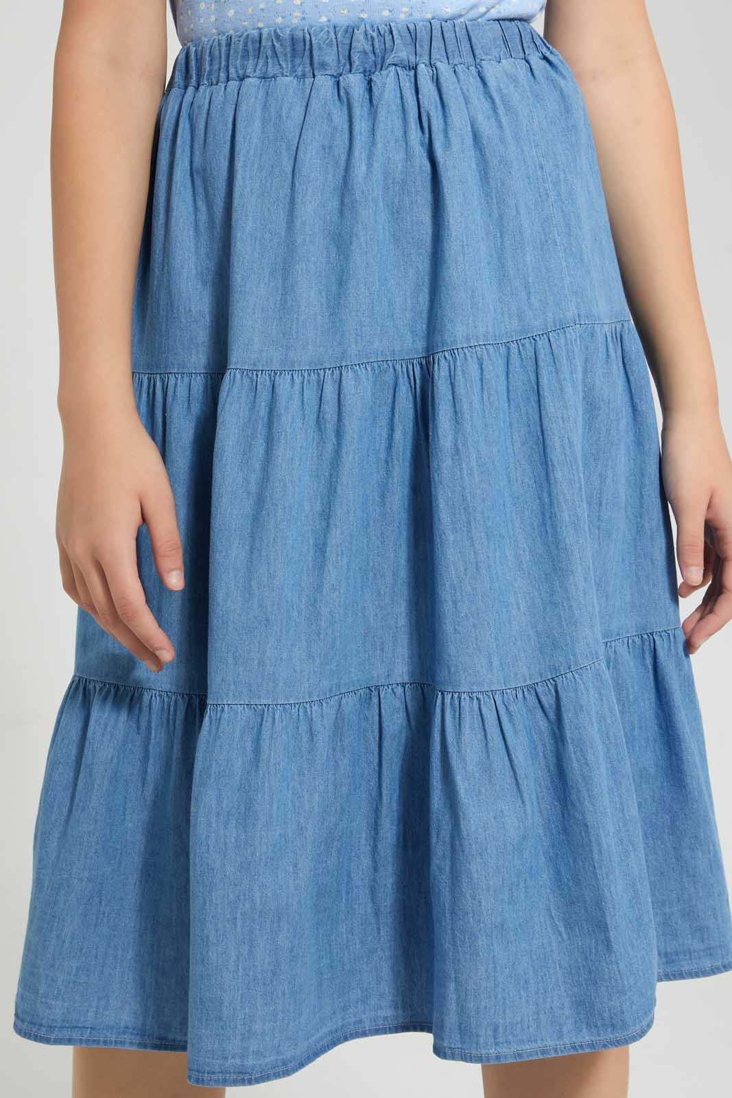 Redtag-Denim-Blue-Tiered-Skirt-Skirts-Senior-Girls-9 to 14 Years