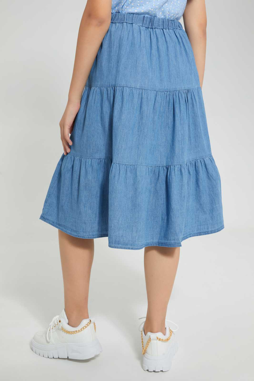 Redtag-Denim-Blue-Tiered-Skirt-Skirts-Senior-Girls-9 to 14 Years