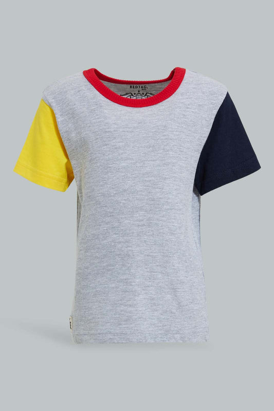 Redtag-Grey-Short-Slv-T-Shirt-With-Contrast-Sleeves-Plain-Infant-Boys-3 to 24 Months