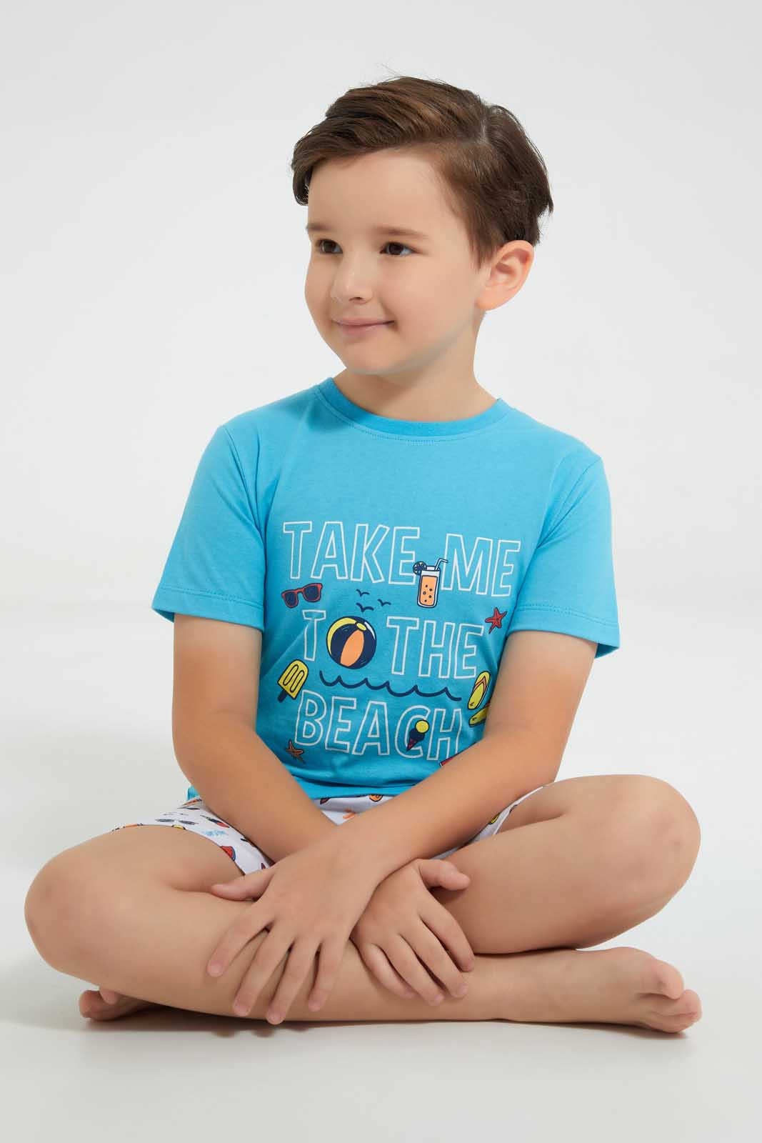 Redtag-Blue-Beach-Print-T-Shirt-And-Short-Pyjama-Set-Pyjama-Sets-Boys-2 to 8 Years