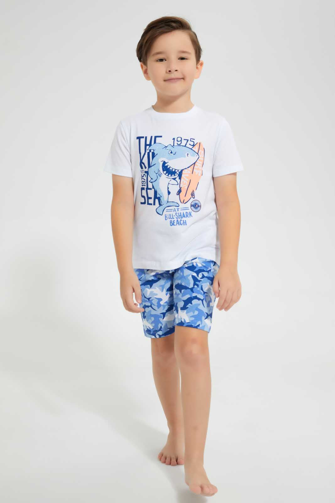 Redtag-White-Shark-Print-T-Shirt-And-Short-Pyjama-Set-Pyjama-Sets-Boys-2 to 8 Years