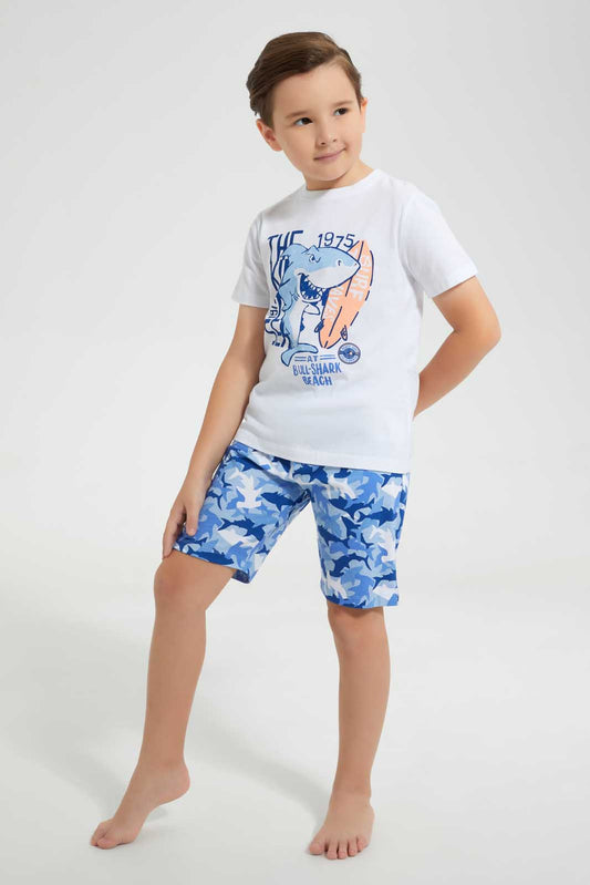 Redtag-White-Shark-Print-T-Shirt-And-Short-Pyjama-Set-Pyjama-Sets-Boys-2 to 8 Years