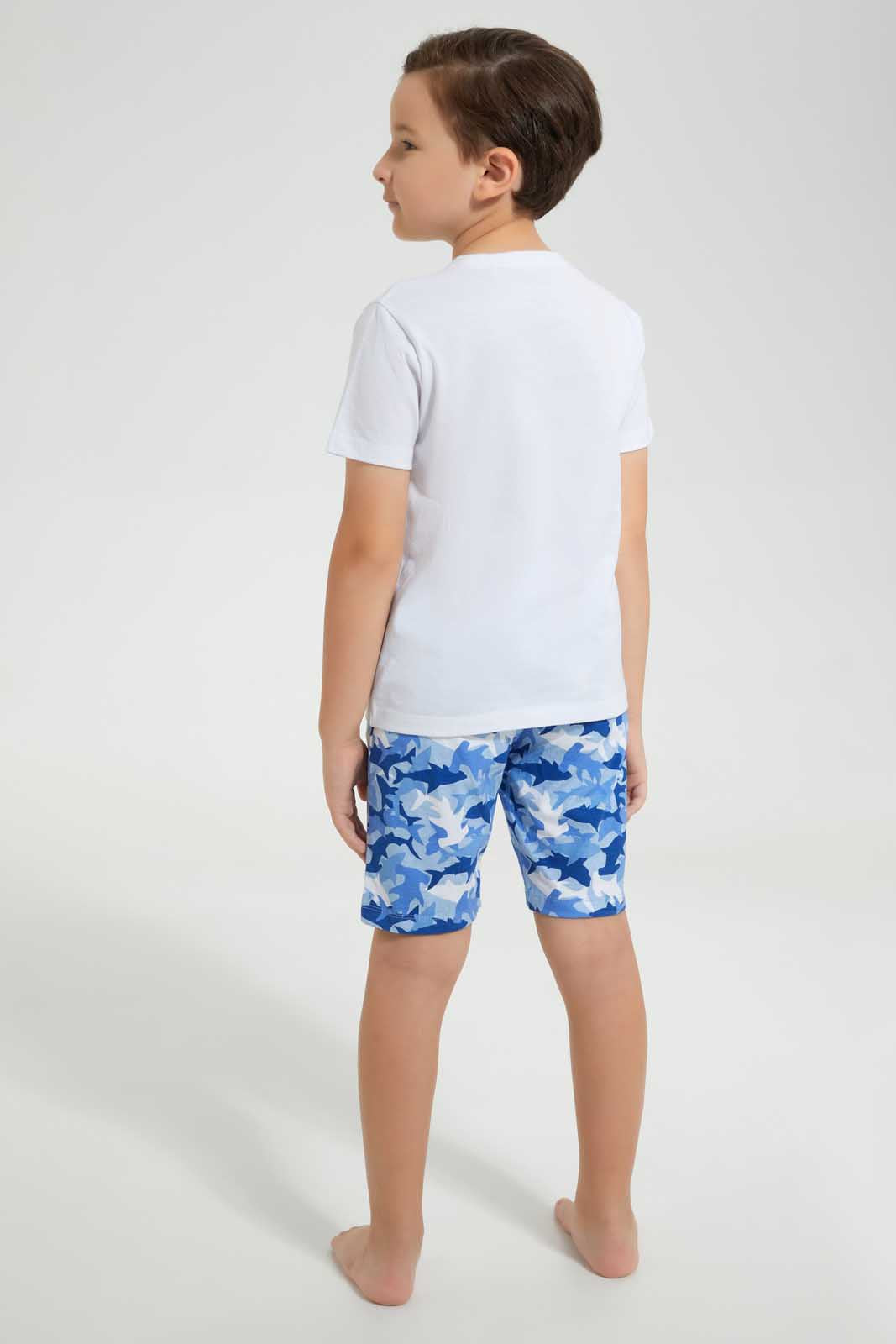 Redtag-White-Shark-Print-T-Shirt-And-Short-Pyjama-Set-Pyjama-Sets-Boys-2 to 8 Years