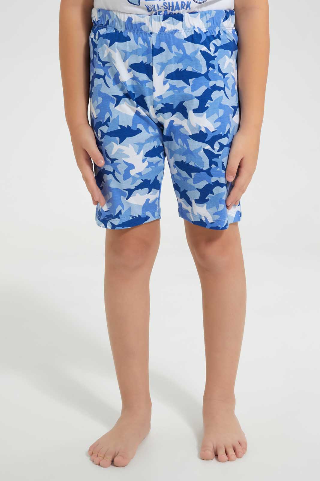 Redtag-White-Shark-Print-T-Shirt-And-Short-Pyjama-Set-Pyjama-Sets-Boys-2 to 8 Years