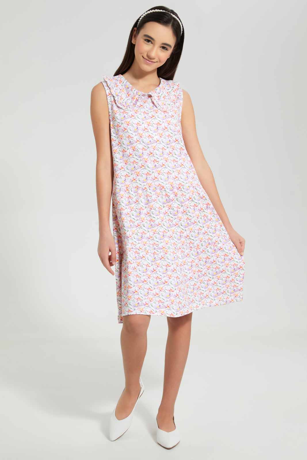 Redtag-Pink-Floral-Print-Peterpan-Collar-Tiered-Dress-Dresses-Senior-Girls-9 to 14 Years