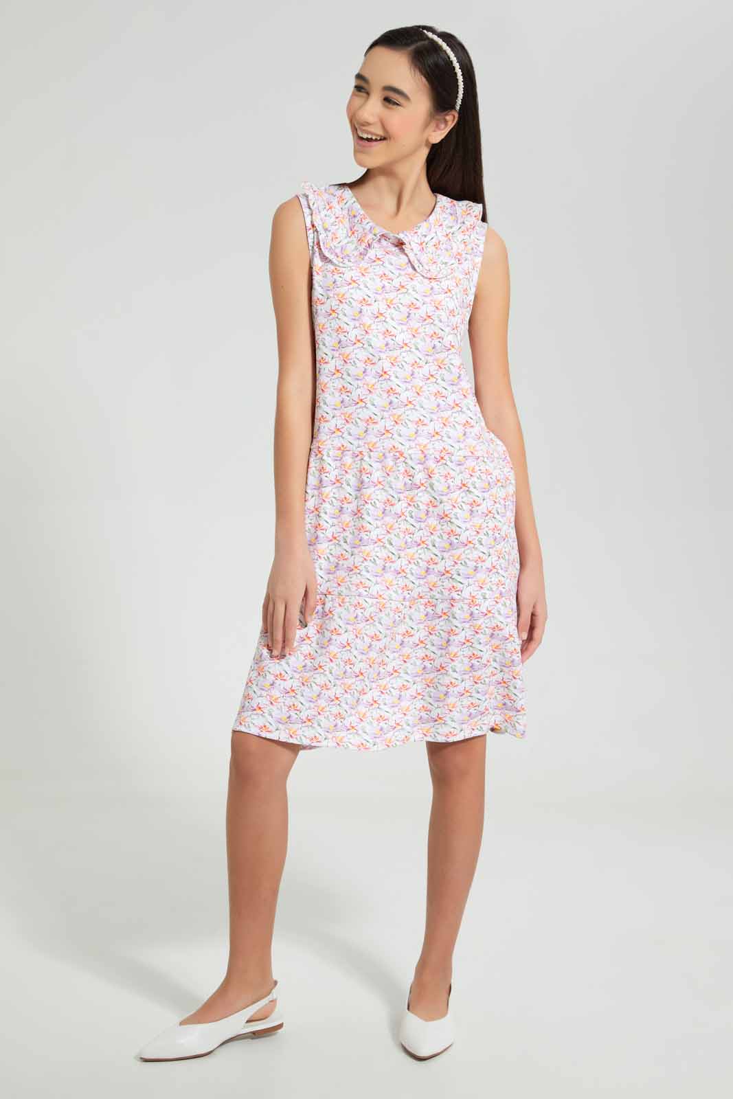 Redtag-Pink-Floral-Print-Peterpan-Collar-Tiered-Dress-Dresses-Senior-Girls-9 to 14 Years