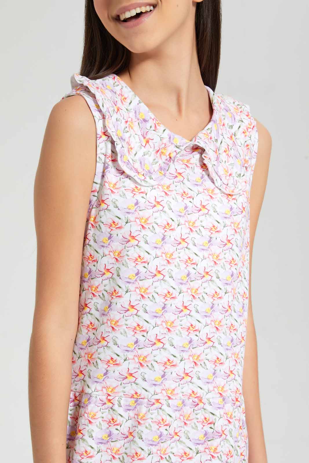 Redtag-Pink-Floral-Print-Peterpan-Collar-Tiered-Dress-Dresses-Senior-Girls-9 to 14 Years