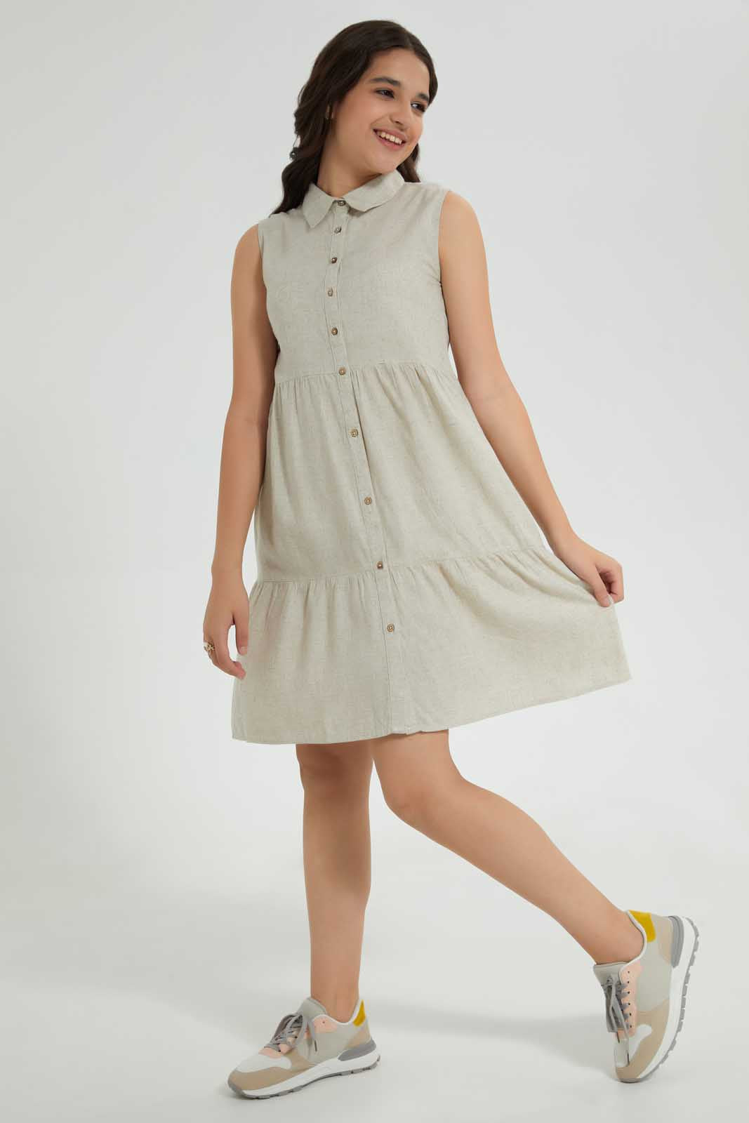 Redtag-Beige-Linen-Shirt-Dresses-Senior-Girls-9 to 14 Years