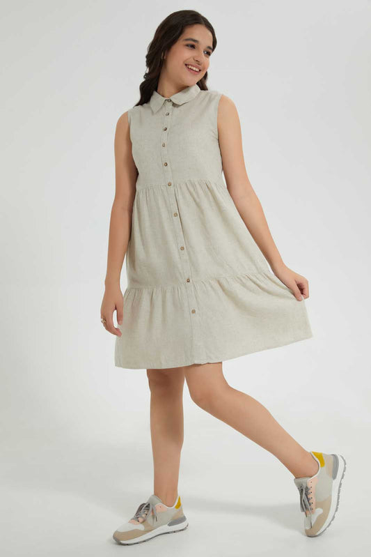 Redtag-Beige-Linen-Shirt-Dresses-Senior-Girls-9 to 14 Years