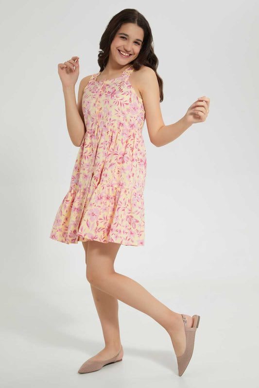 Redtag-Floral-Linen-Button-Front-Dress-Dresses-Senior-Girls-9 to 14 Years