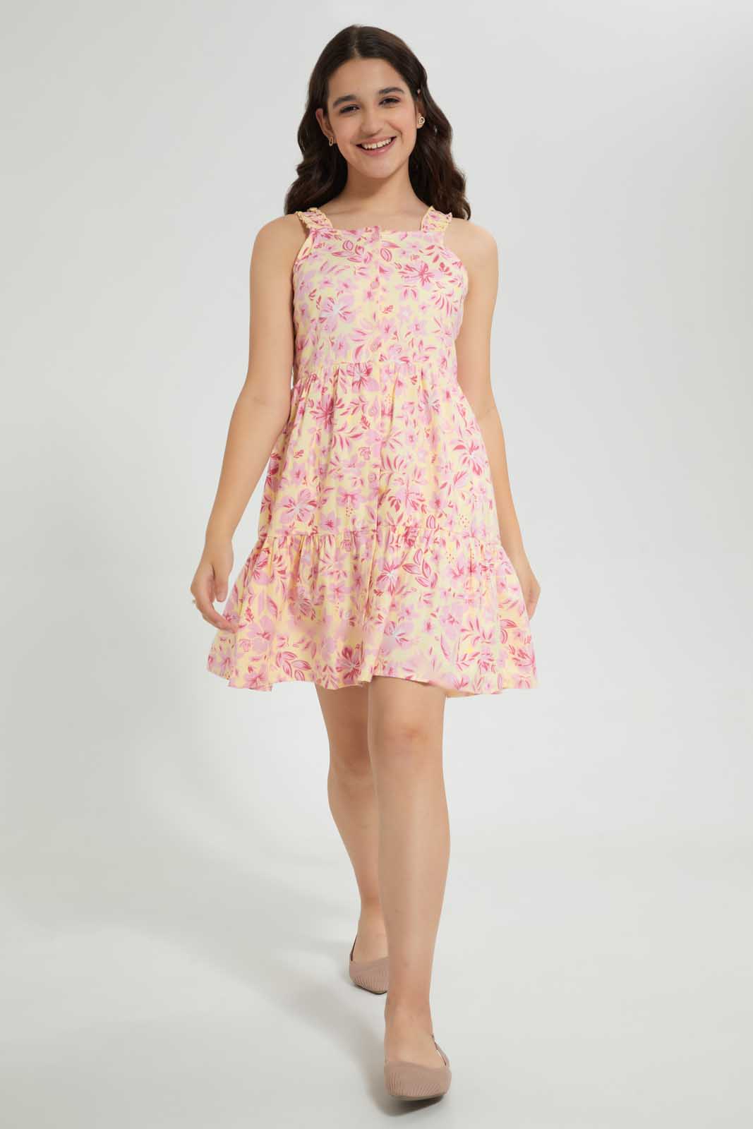 Redtag-Floral-Linen-Button-Front-Dress-Dresses-Senior-Girls-9 to 14 Years