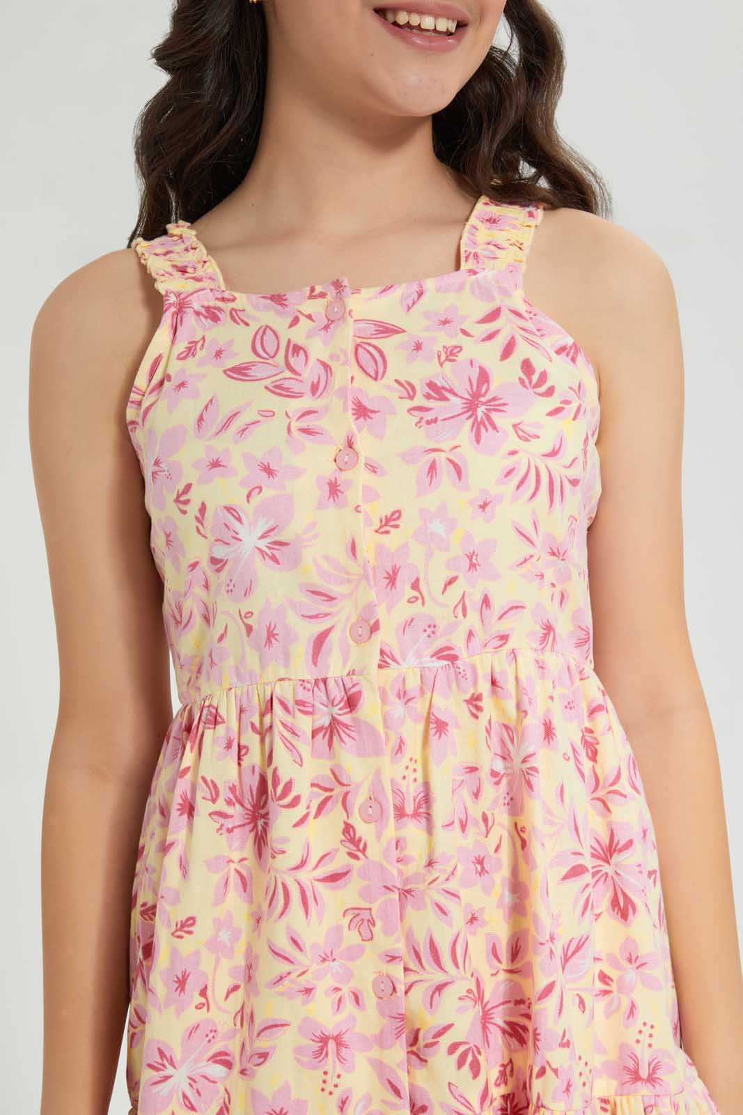 Redtag-Floral-Linen-Button-Front-Dress-Dresses-Senior-Girls-9 to 14 Years