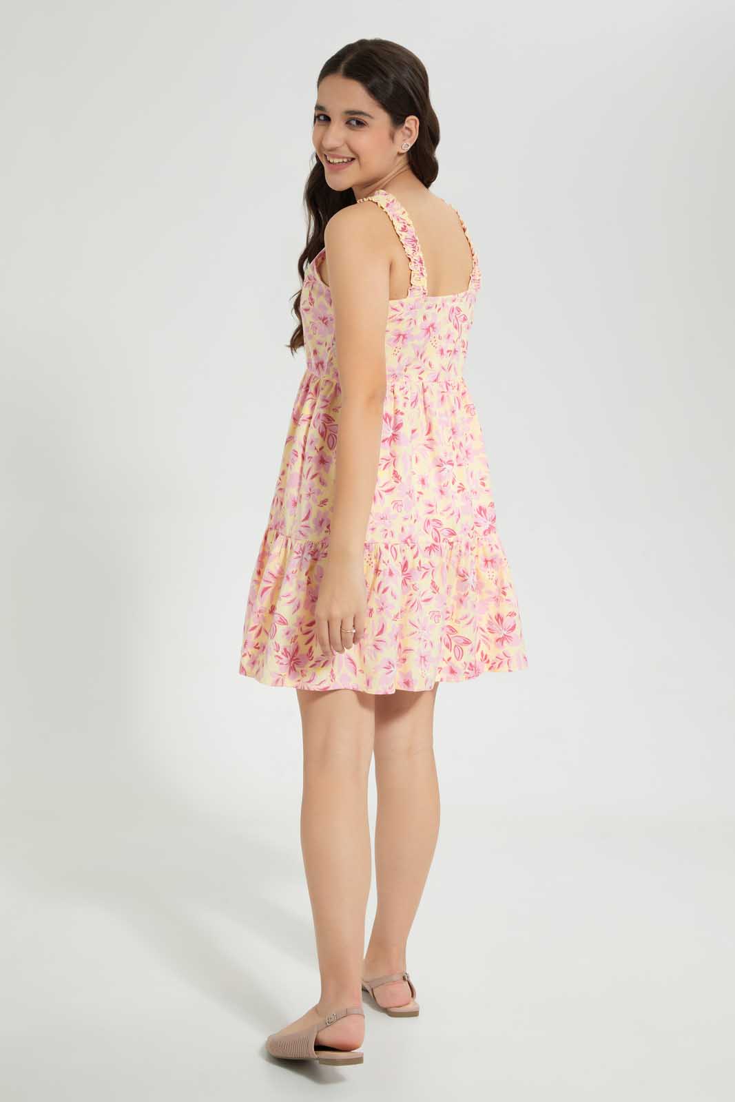 Redtag-Floral-Linen-Button-Front-Dress-Dresses-Senior-Girls-9 to 14 Years