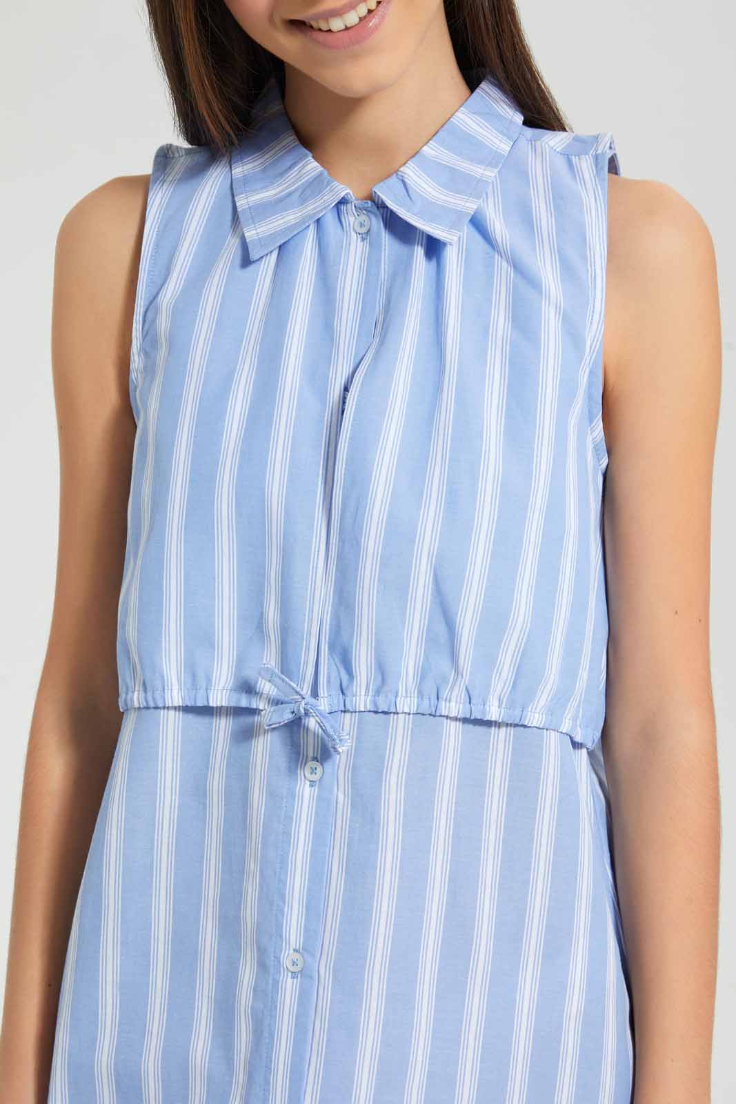 Redtag-Blue/White-Stripes-Collared-Front-Tie-Shirt-Dress-Dresses-Senior-Girls-9 to 14 Years