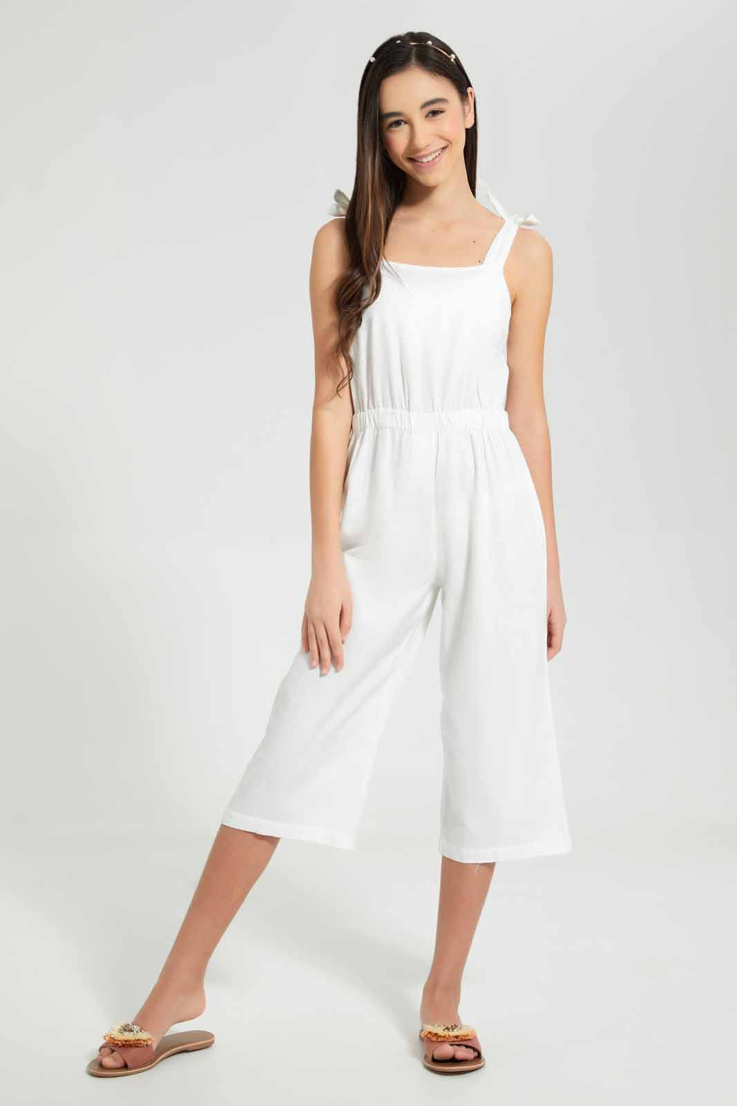 Redtag-White-Linen-Jumpsuit-Jumpsuits-Senior-Girls-9 to 14 Years