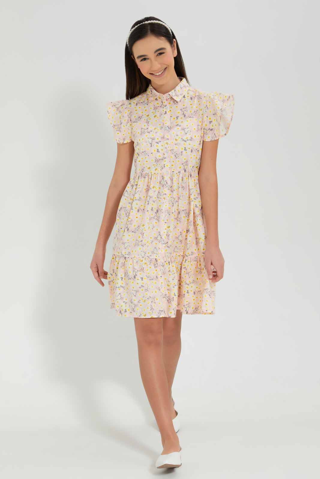 Redtag-Pink-Floral-Shirt-Dress-Dresses-Senior-Girls-9 to 14 Years
