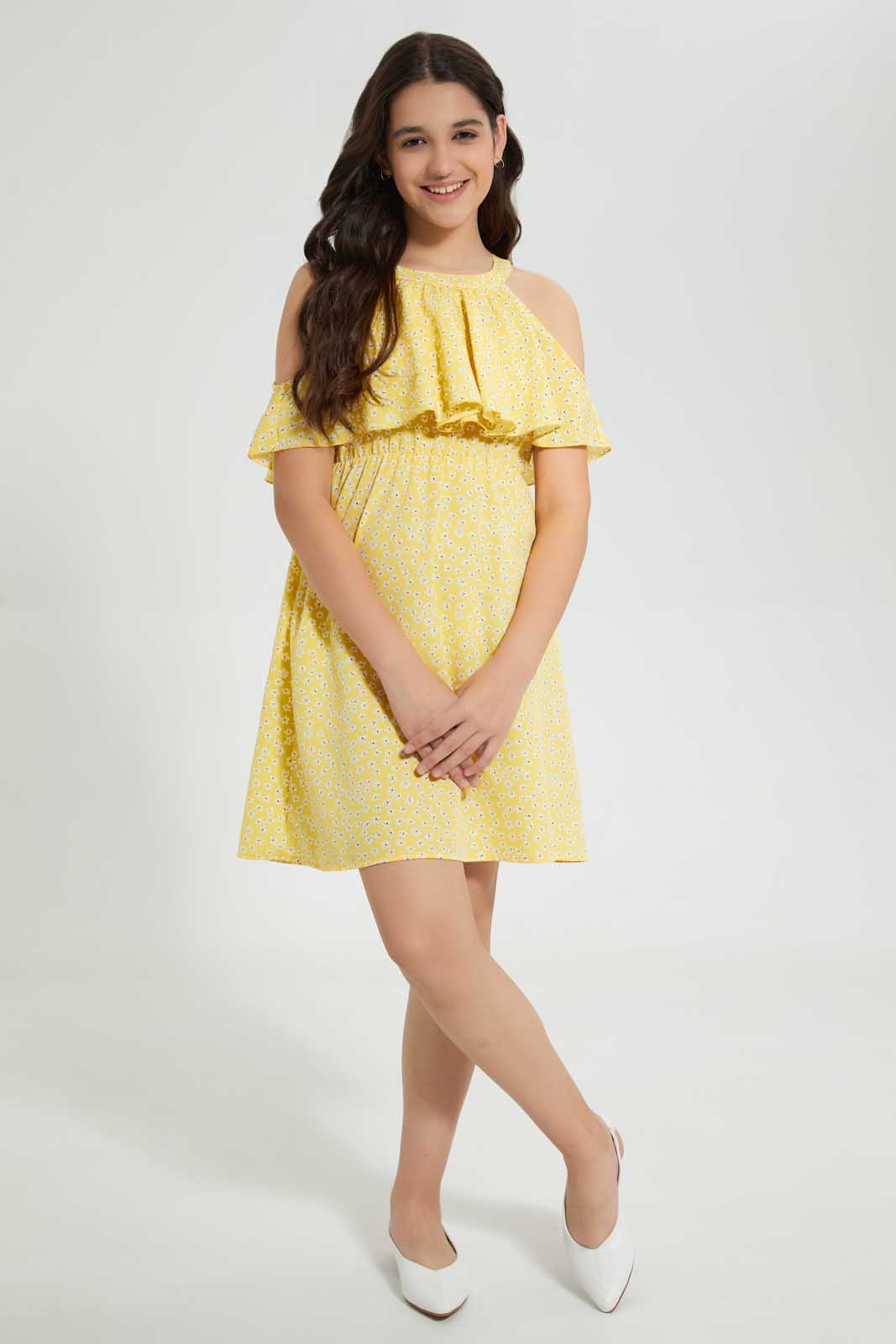 Redtag-Yellow-Floral-Print-Cold-Shoulder-Dress-Dresses-Senior-Girls-9 to 14 Years