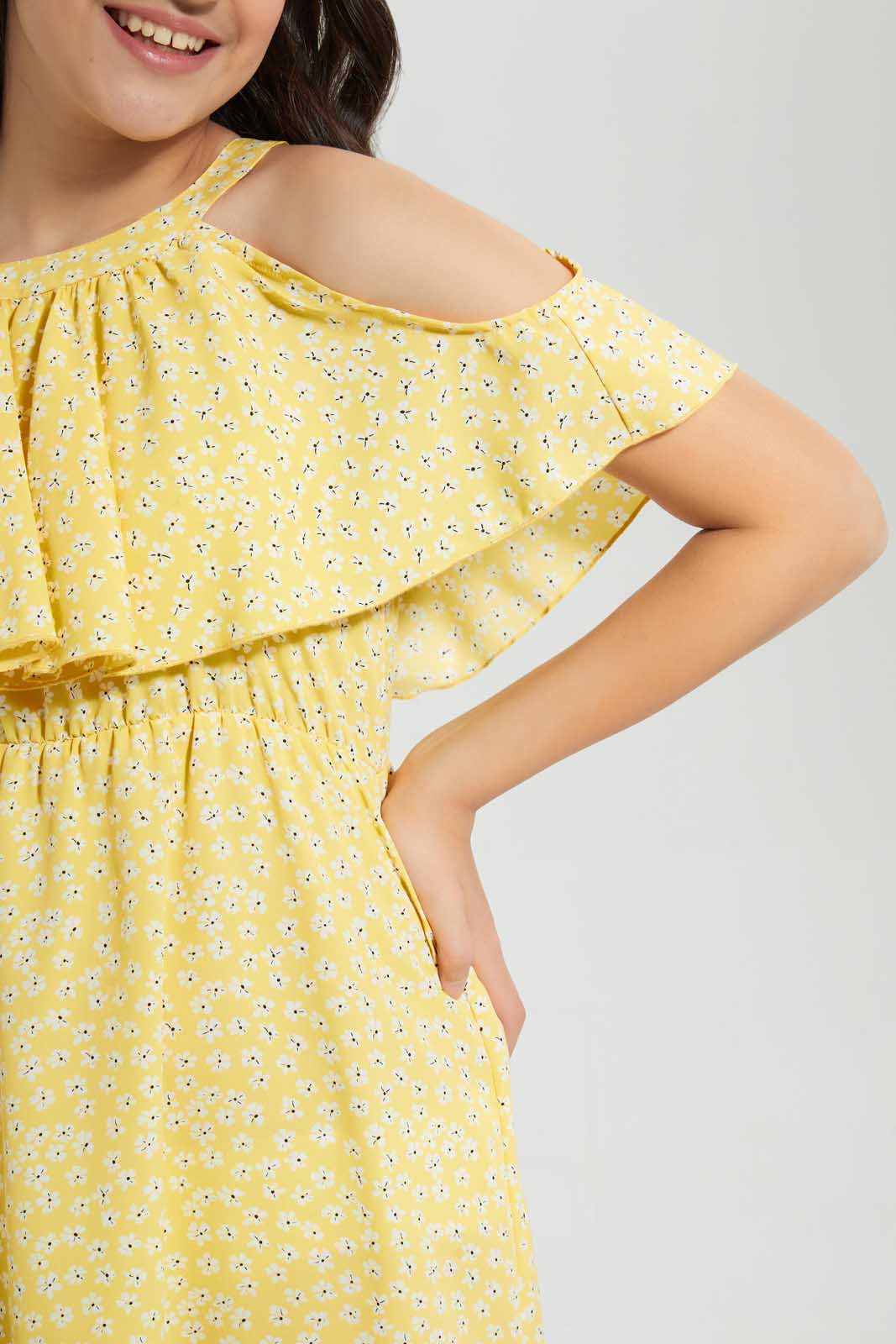 Redtag-Yellow-Floral-Print-Cold-Shoulder-Dress-Dresses-Senior-Girls-9 to 14 Years