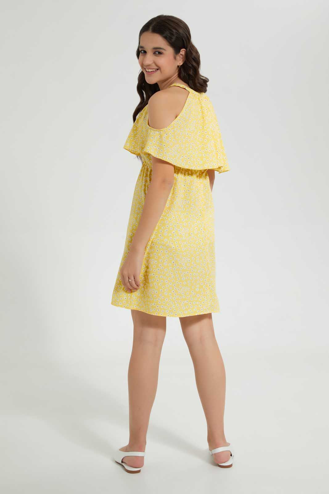 Redtag-Yellow-Floral-Print-Cold-Shoulder-Dress-Dresses-Senior-Girls-9 to 14 Years
