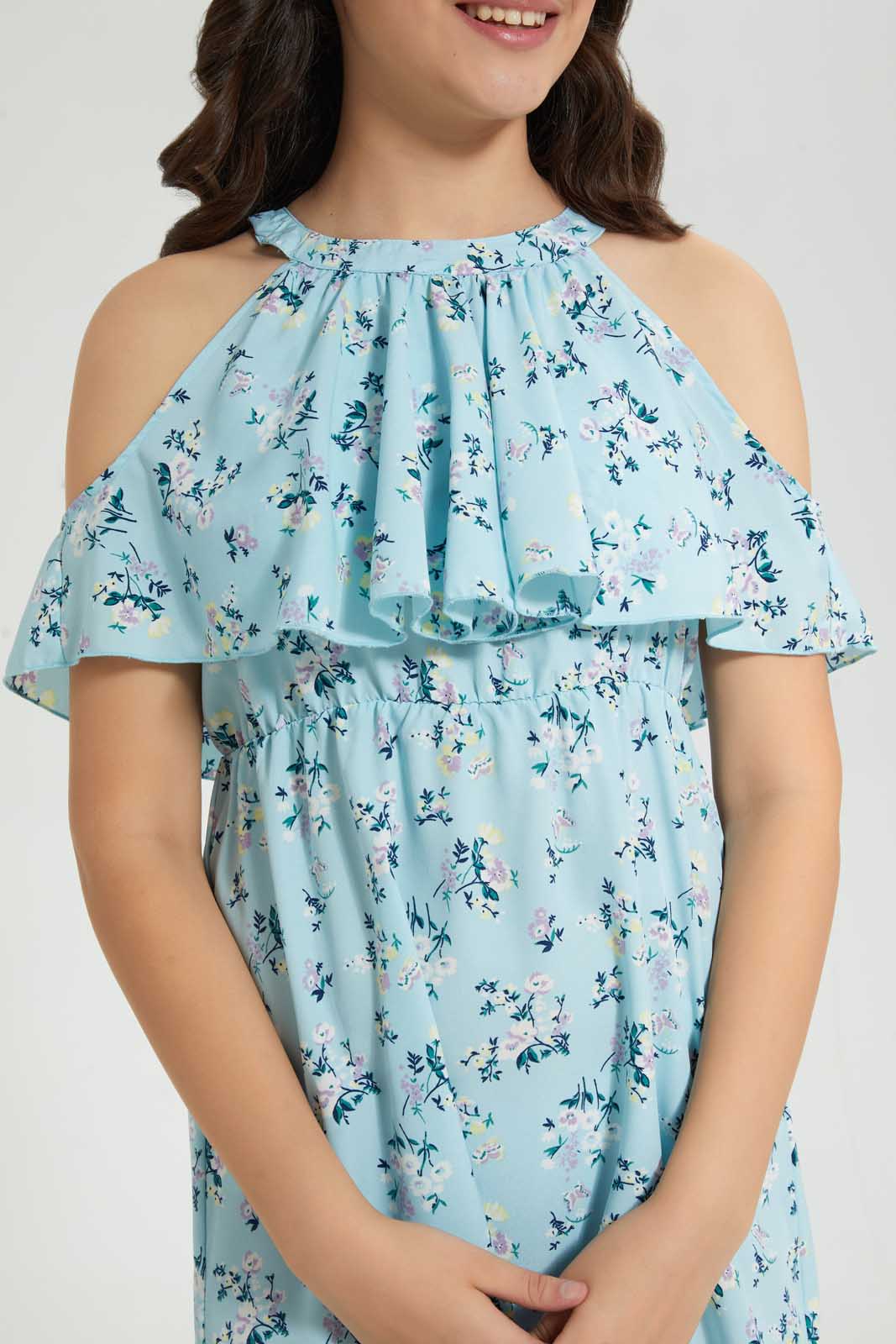 Redtag-Blue-Floral-Print-Cold-Shoulder-Dress-Dresses-Senior-Girls-9 to 14 Years