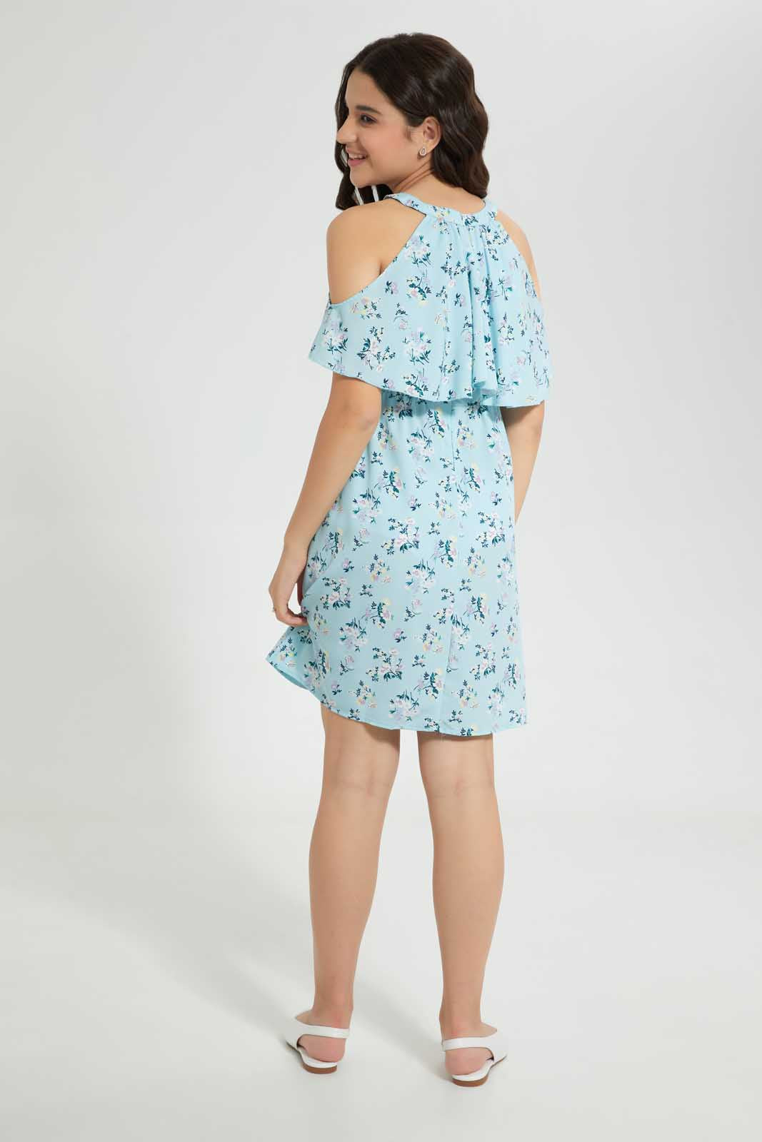 Redtag-Blue-Floral-Print-Cold-Shoulder-Dress-Dresses-Senior-Girls-9 to 14 Years