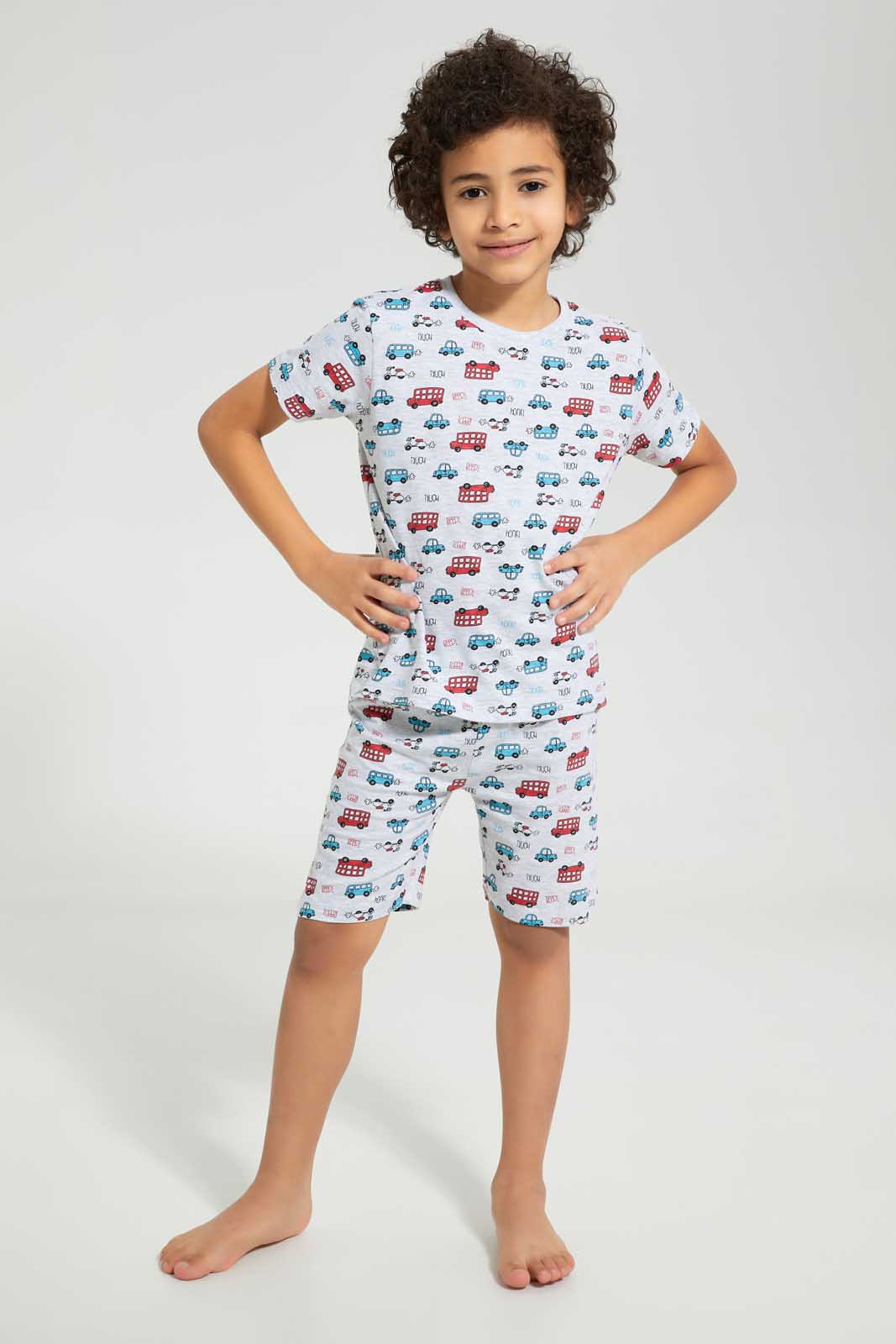 Redtag-Grey-Car-Print-T-Shirt-And-Short-Set-Pyjama-Sets-Boys-2 to 8 Years