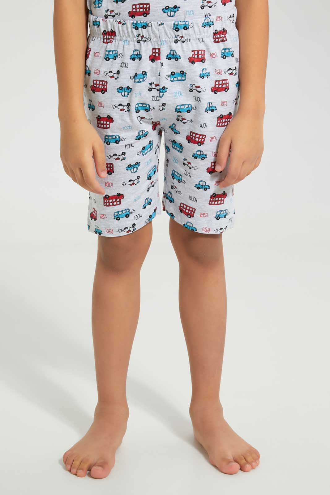 Redtag-Grey-Car-Print-T-Shirt-And-Short-Set-Pyjama-Sets-Boys-2 to 8 Years