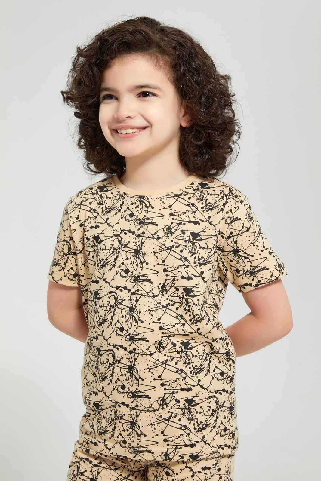 Redtag-Brown-Splat-Aop-T-Shirt-And-Short-Set-Pyjama-Sets-Boys-2 to 8 Years