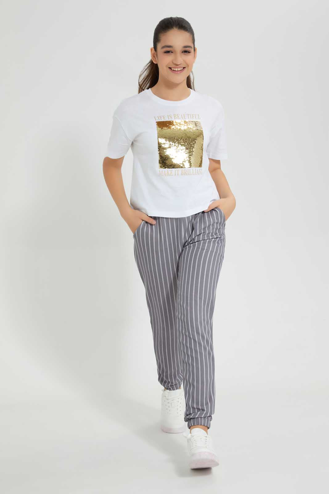 Redtag-White-Reversible-Sequins-Boxy-Top-Embellished-T-Shirts-Senior-Girls-9 to 14 Years