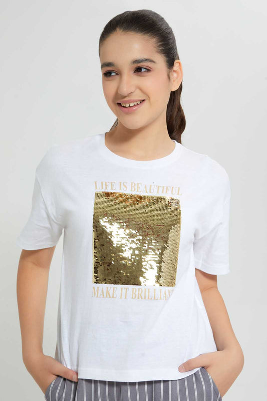 Redtag-White-Reversible-Sequins-Boxy-Top-Embellished-T-Shirts-Senior-Girls-9 to 14 Years