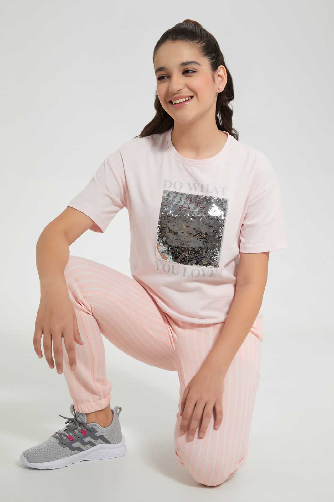 Redtag-Pink-Reversible-Sequins-Boxy-Top-Embellished-T-Shirts-Senior-Girls-9 to 14 Years