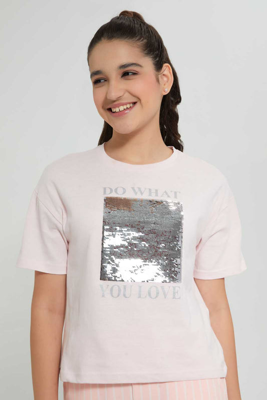 Redtag-Pink-Reversible-Sequins-Boxy-Top-Embellished-T-Shirts-Senior-Girls-9 to 14 Years