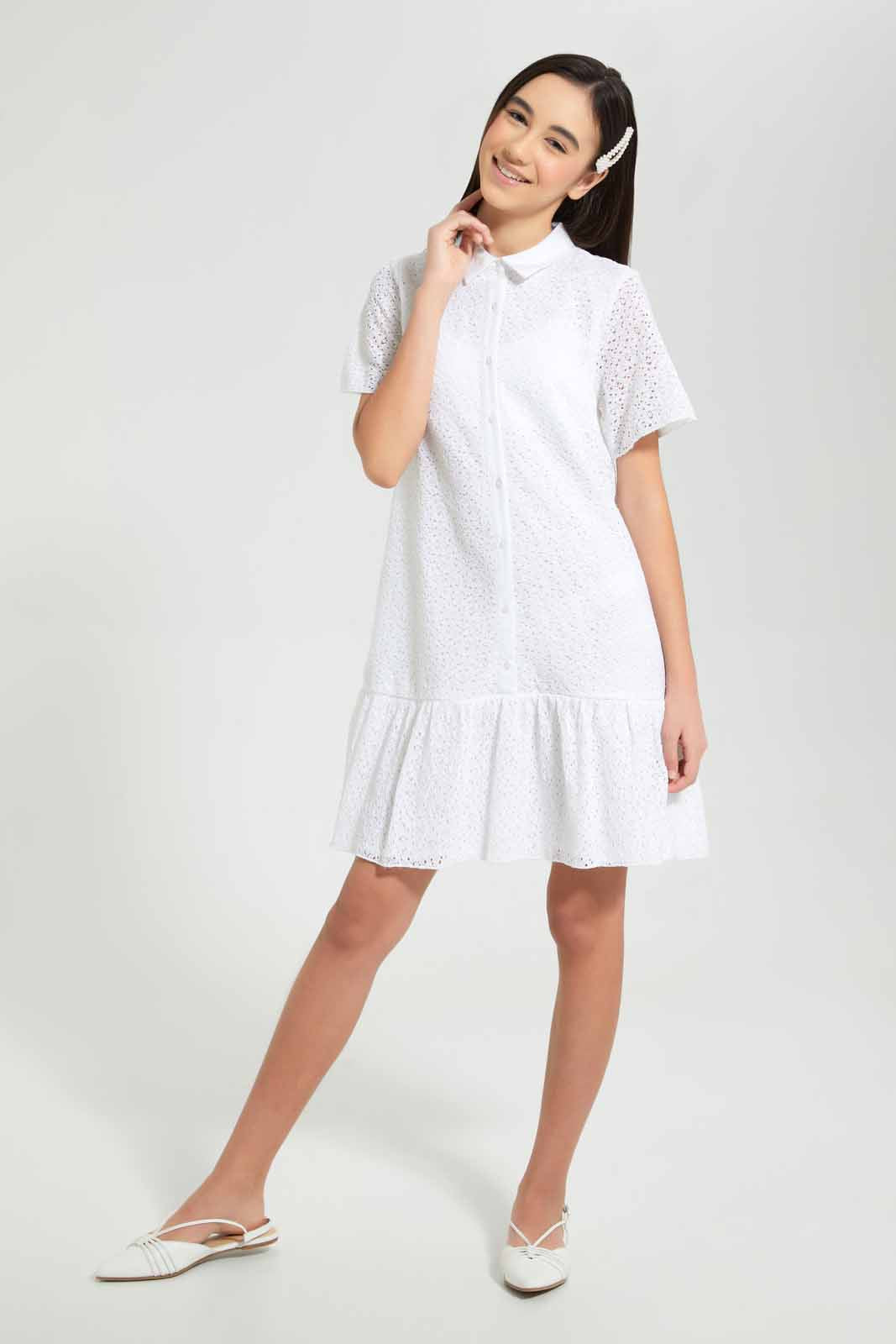 Redtag-White-Lace-Collared-Shirt-Dress-Dresses-Senior-Girls-9 to 14 Years